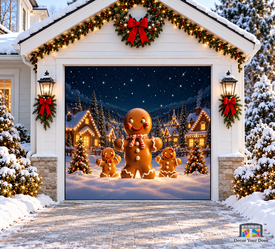 Three smiling gingerbread figures with trees in a snowy village — one-car garage door cover, front view.