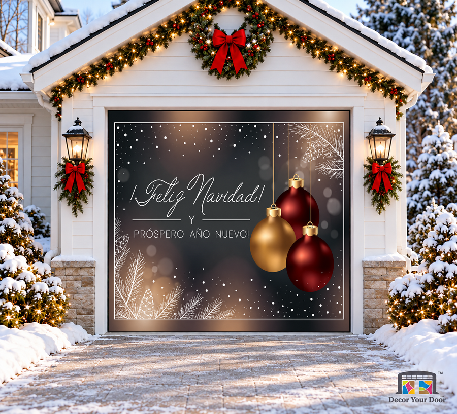 Spanish Feliz Navidad greeting with a frame, pine and three baubles — one-car garage door cover, front view.