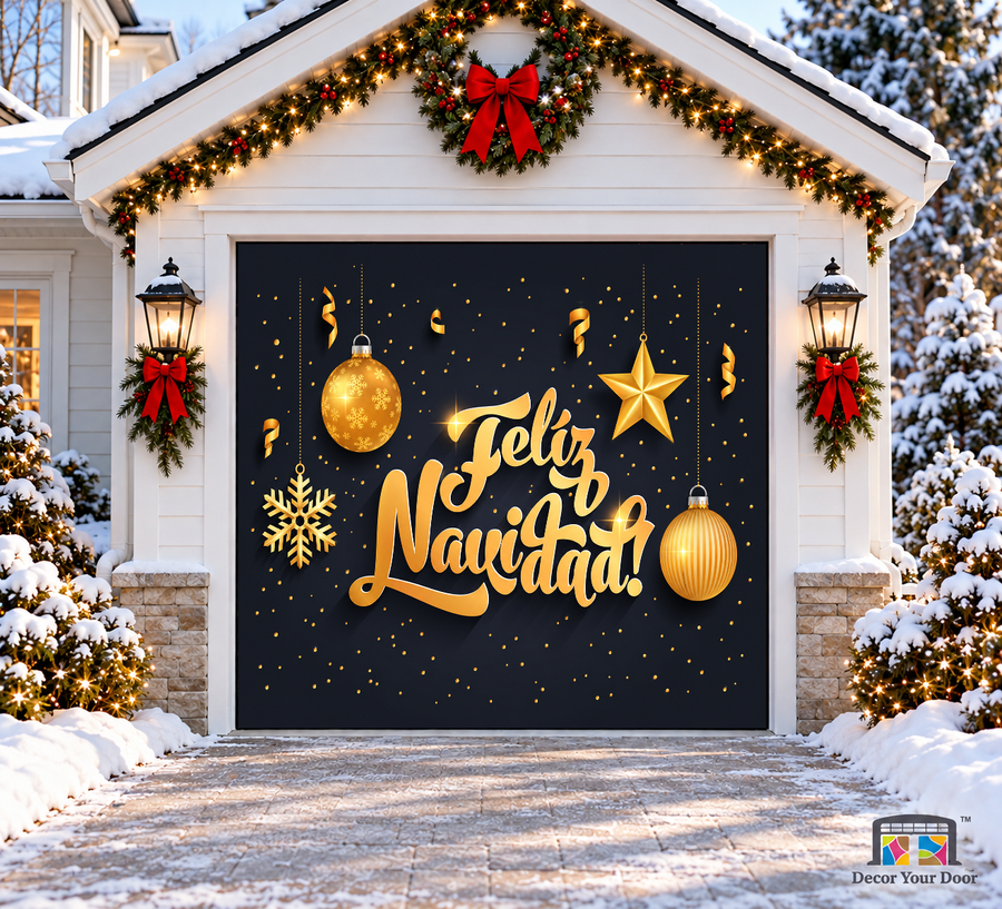 Gold Feliz Navidad lettering and hanging decorations on black — one-car garage door cover, front view.