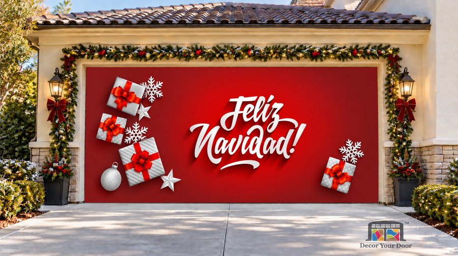 White Feliz Navidad lettering, silver gifts and snowflakes on red — two-car garage door cover, front view.