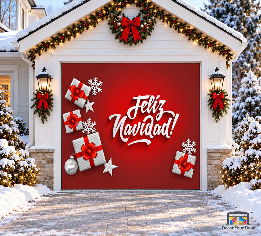 White Feliz Navidad lettering, silver gifts and snowflakes on red — one-car garage door cover, front view.