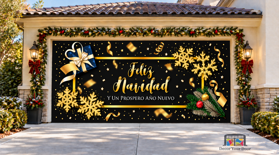 Spanish Feliz Navidad greeting with a blue gift and gold accents — two-car garage door cover, front view.