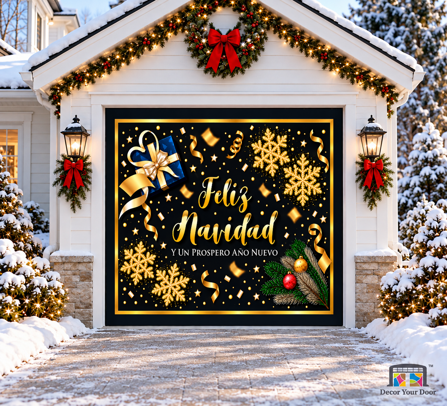 Spanish Feliz Navidad greeting with a blue gift and gold accents — one-car garage door cover, front view.