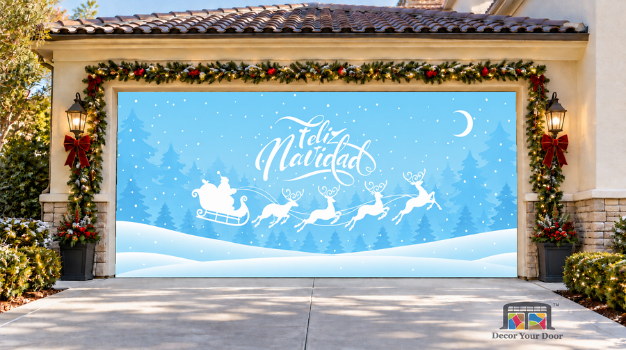 Feliz Navidad lettering above Santa and four reindeer in flight — two-car garage door cover, front view.
