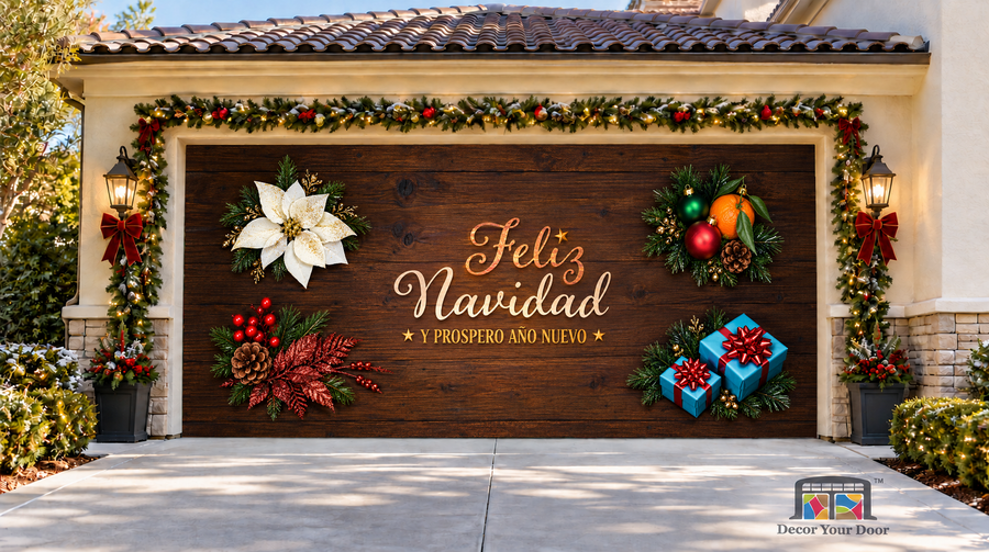 Feliz Navidad on wood with a white poinsettia and blue gifts — two-car garage door cover, front view.