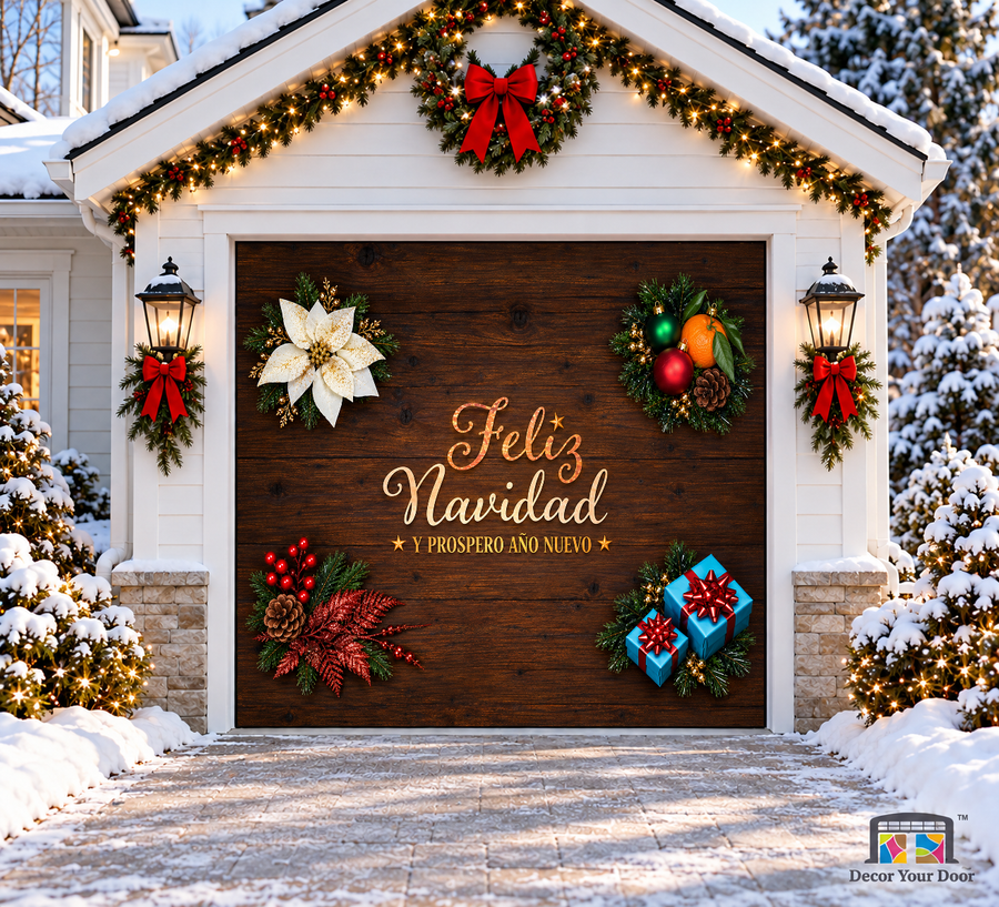 Feliz Navidad on wood with a white poinsettia and blue gifts — one-car garage door cover, front view.