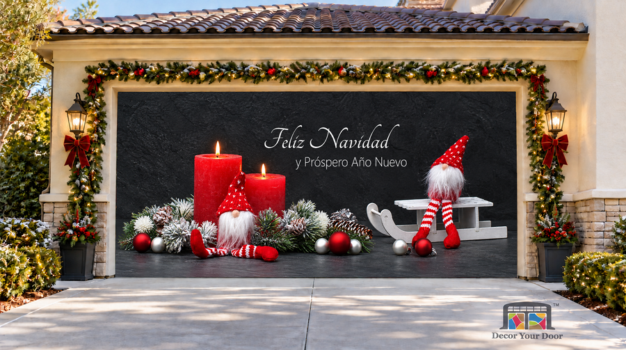 Feliz Navidad with two red candles, gnomes and a white sled — two-car garage door cover, front view.