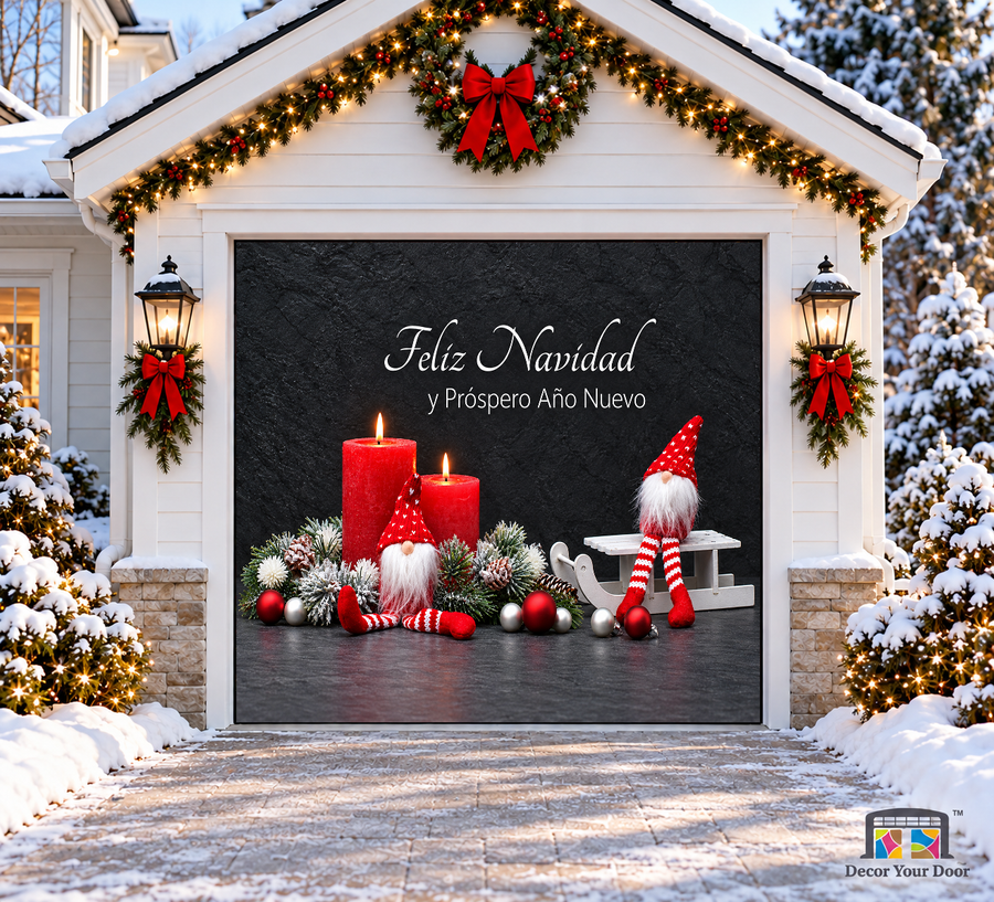 Feliz Navidad with two red candles, gnomes and a white sled — one-car garage door cover, front view.