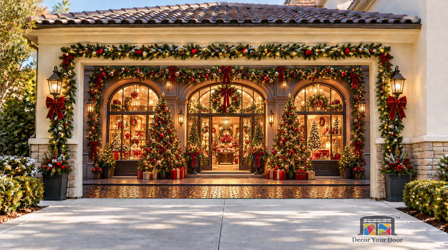 Charming Christmas Shopfront Garage Door Cover — two-car garage front view