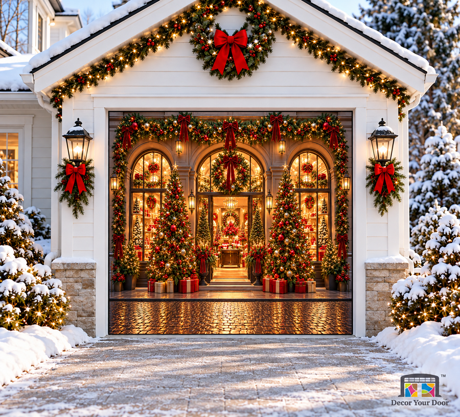Charming Christmas Shopfront Garage Door Cover — one-car garage front view