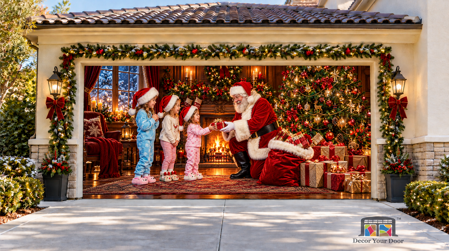 Santa Giving Presents Christmas Garage Door Cover — two-car front view