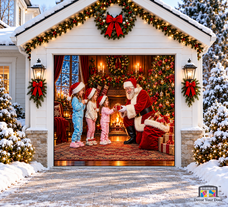 Santa Giving Presents Christmas Garage Door Cover — one-car front view