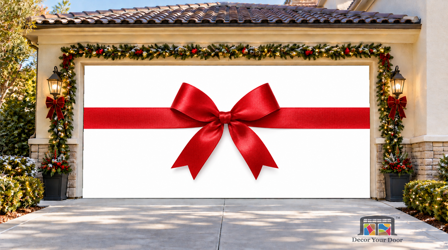 Red Ribbon Gift Bow Christmas Garage Door Cover — two-car garage front view