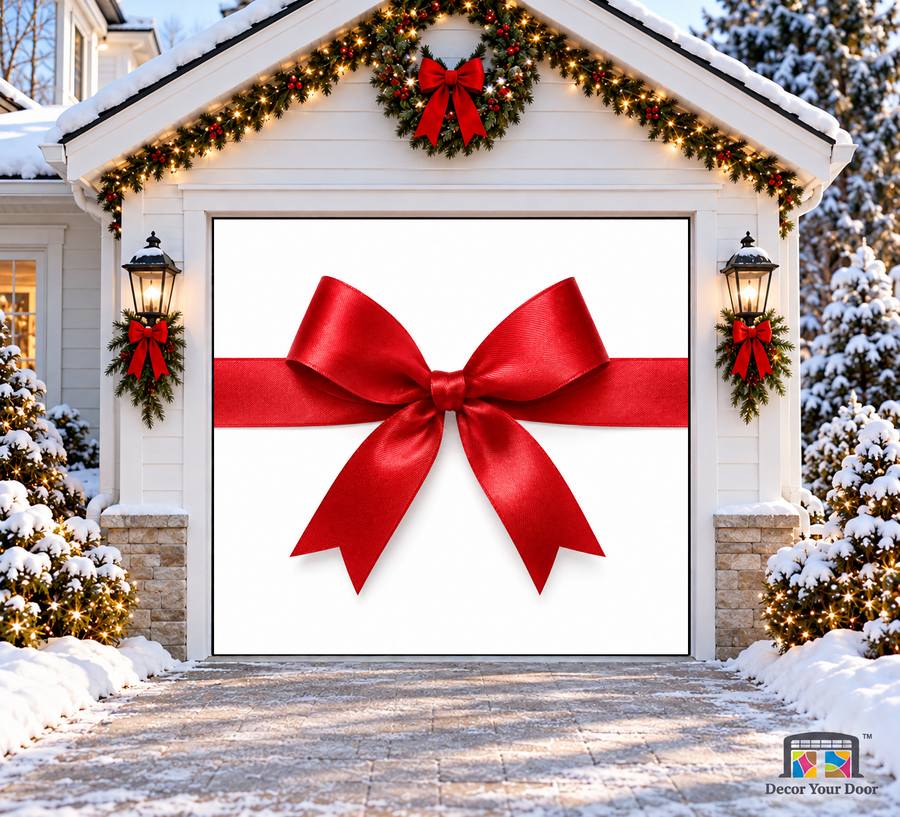Red Ribbon Gift Bow Christmas Garage Door Cover — one-car garage front view