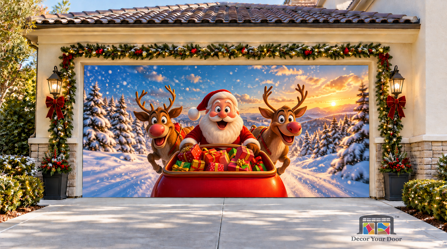 Santa’s Joyful Ride Christmas Garage Door Cover — two-car garage front view