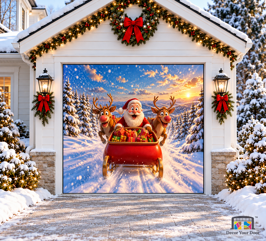Santa’s Joyful Ride Christmas Garage Door Cover — one-car garage front view