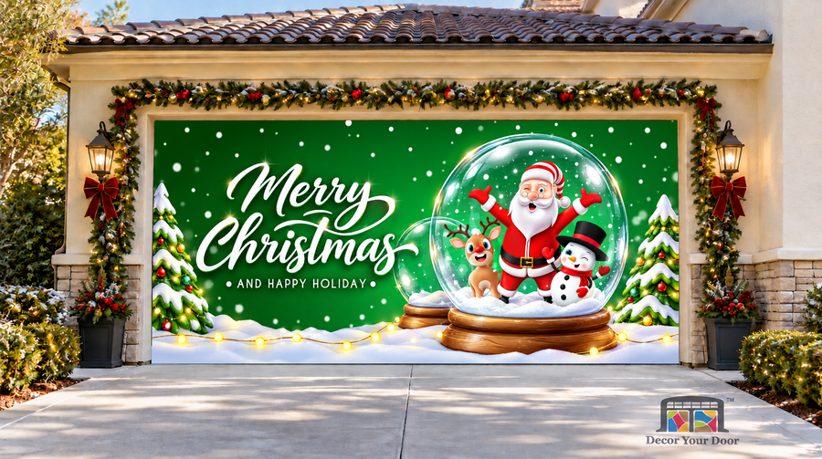 Santa Snowman and Reindeer Snow Globe Christmas Garage Door Cover — two-car garage front view