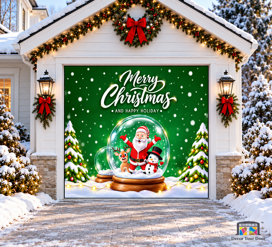 Santa Snowman and Reindeer Snow Globe Christmas Garage Door Cover — one-car garage front view