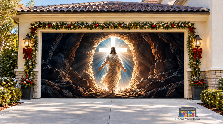 The Risen Lord Jesus Garage Door Cover — two-car garage front view