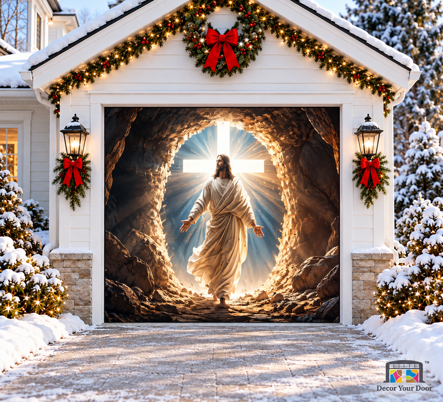 The Risen Lord Jesus Garage Door Cover — one-car garage front view