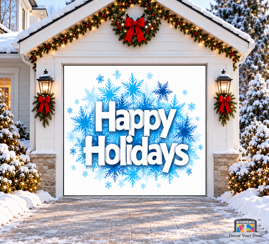 Happy Holidays Snowflake Christmas Garage Door Cover — one-car garage front view