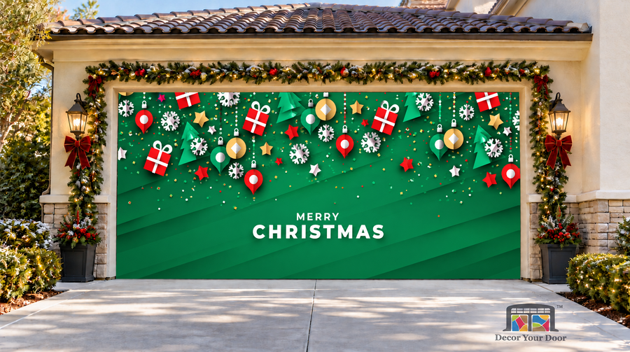 Merry Christmas Holiday Icons Garage Door Cover — two-car front view
