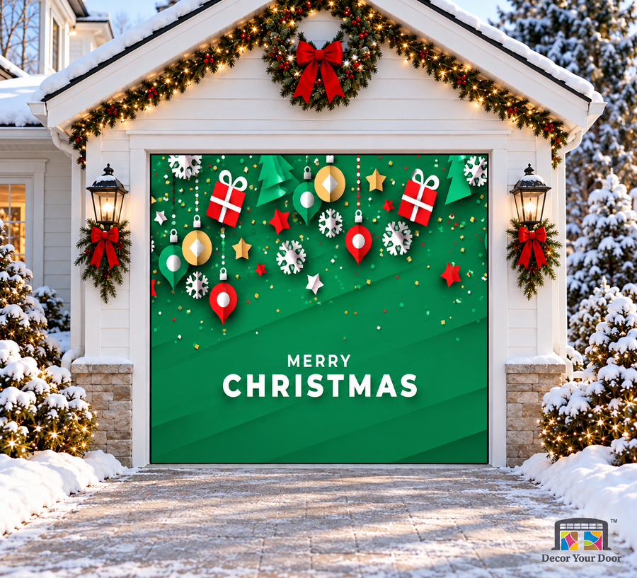 Merry Christmas Holiday Icons Garage Door Cover — one-car front view