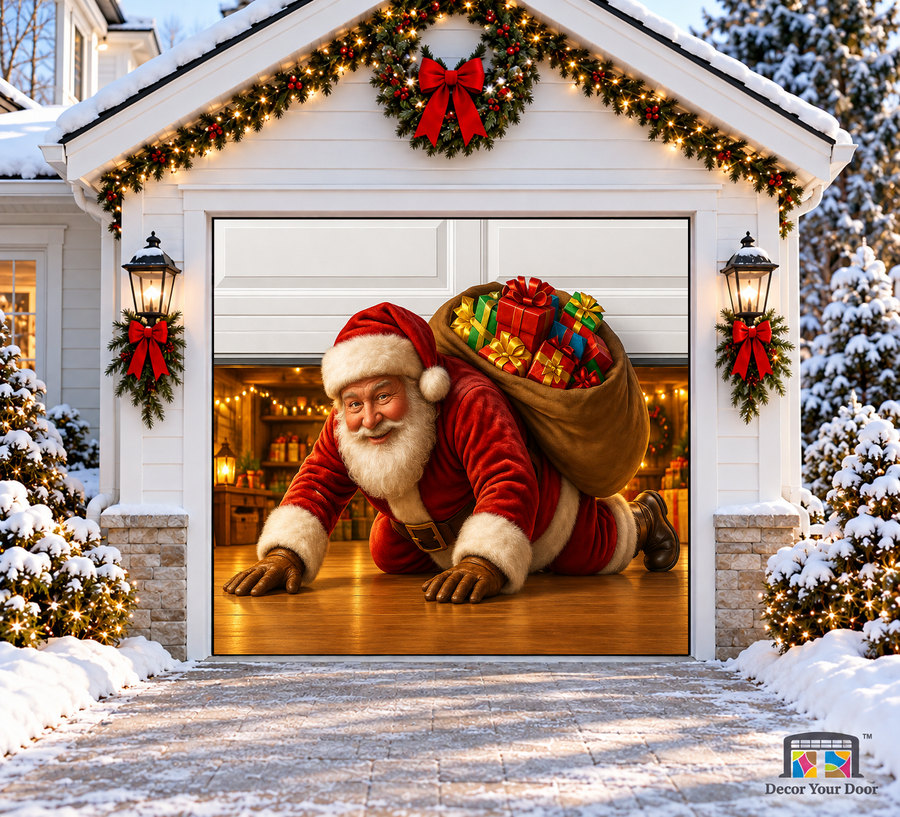 Santa’s Great Escape Christmas Garage Door Cover — one-car front view