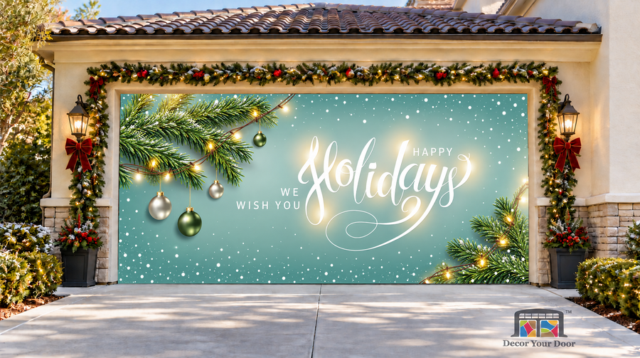 Happy Holidays Christmas Tree Garage Door Cover — two-car front view