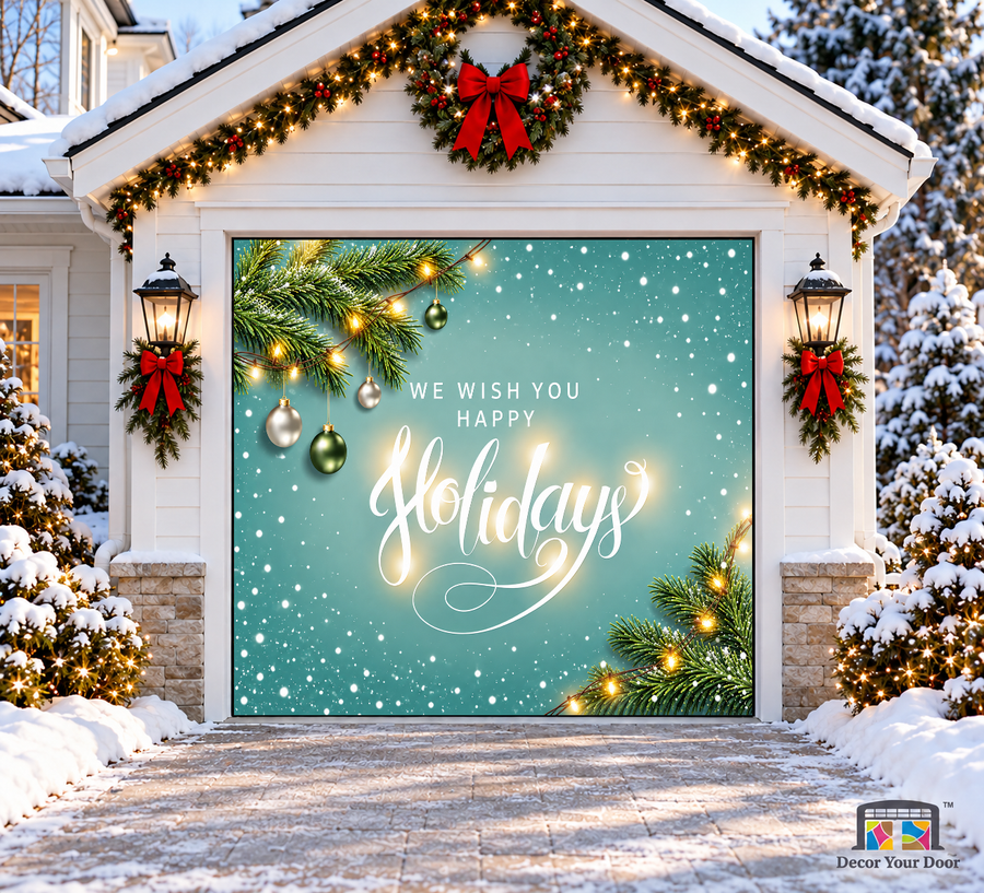 Happy Holidays Christmas Tree Garage Door Cover — one-car front view