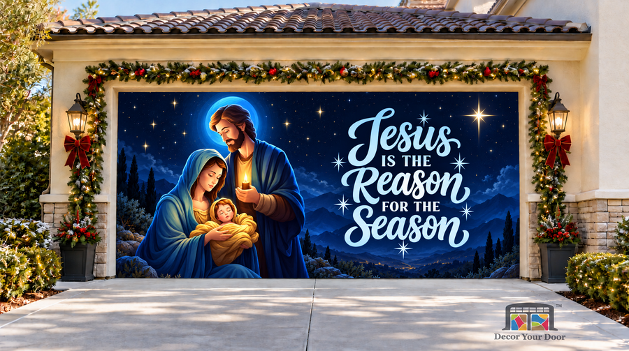 Jesus Is the Reason for the Season Christmas Garage Door Cover — two-car garage front view