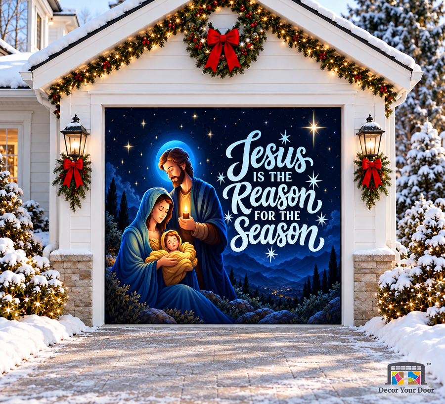 Jesus Is the Reason for the Season Christmas Garage Door Cover — one-car garage front view