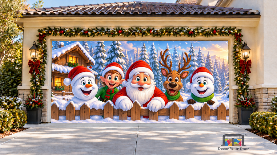 Santa’s Happy Crew Christmas Garage Door Cover — two-car garage front view