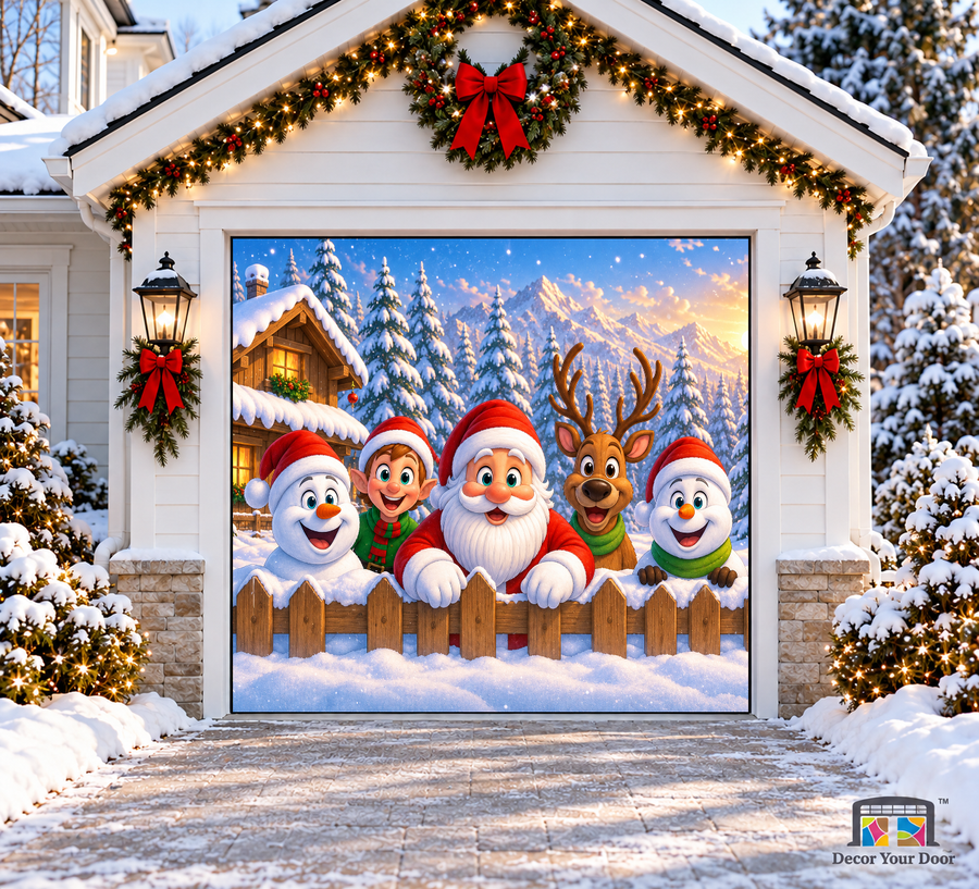 Santa’s Happy Crew Christmas Garage Door Cover — one-car garage front view