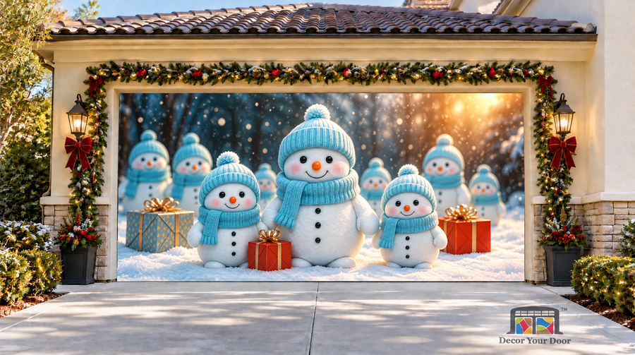 Frosty Family Gathering Christmas Garage Door Cover — two-car garage front view