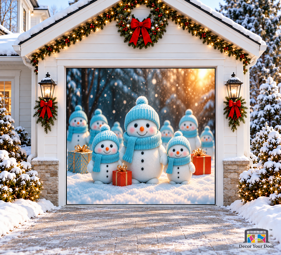 Frosty Family Gathering Christmas Garage Door Cover — one-car garage front view