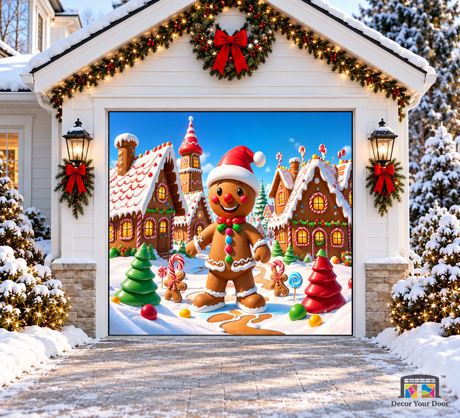 Giant Gingerbread Village Christmas Garage Door Cover — one-car garage front view