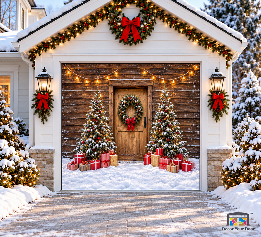 Charming Holiday Entrance Christmas Garage Door Cover — one-car garage front view