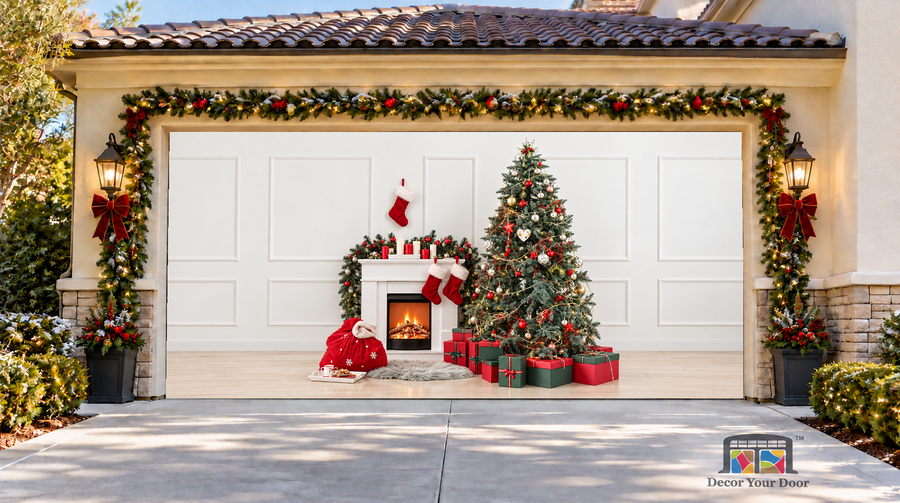 Santa Bag & Cozy Christmas Living Room Garage Door Cover — two-car garage front view