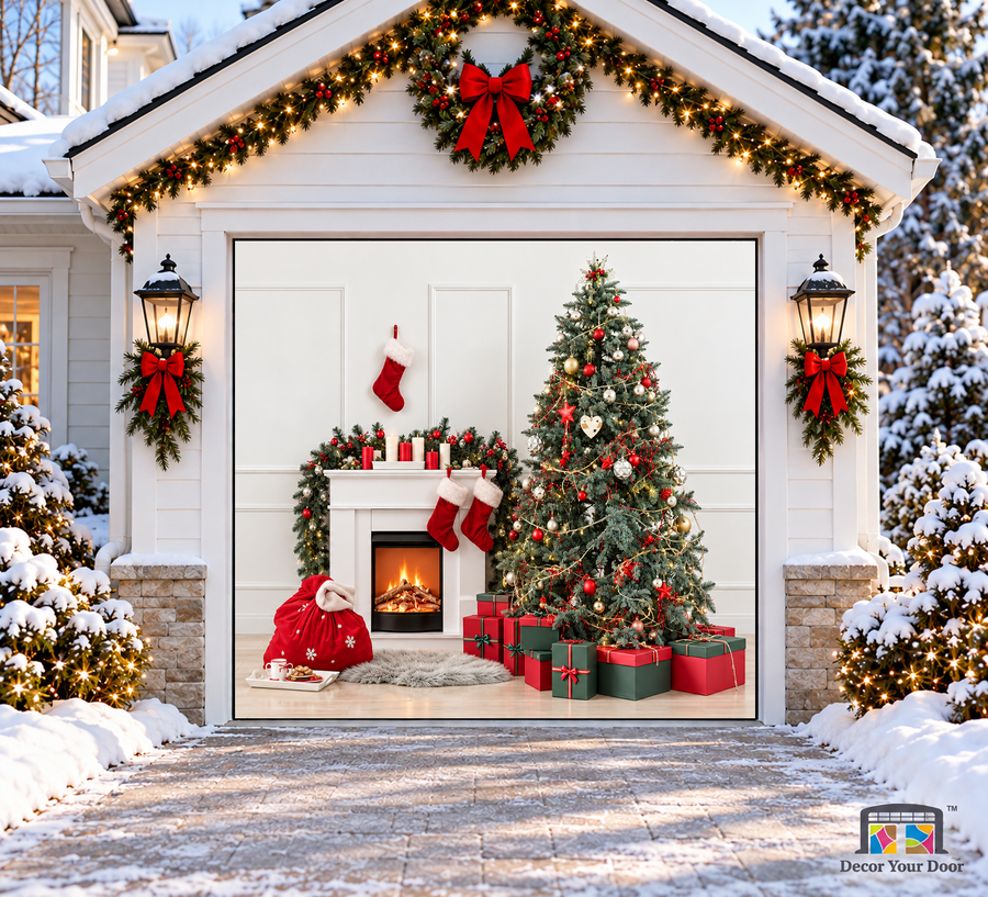 Santa Bag & Cozy Christmas Living Room Garage Door Cover — one-car garage front view