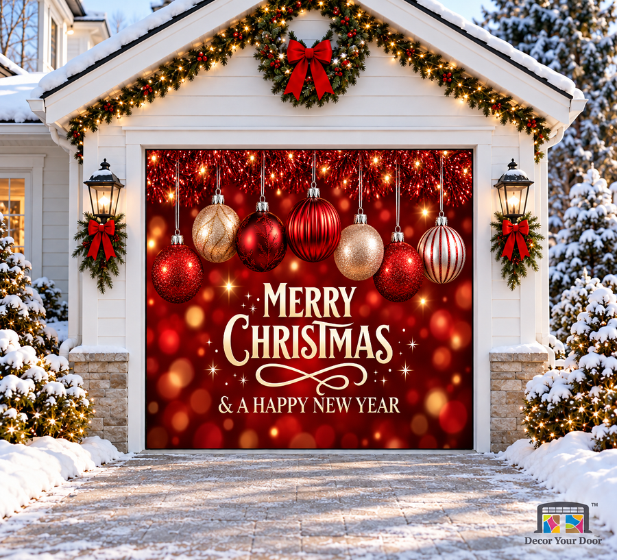 Festive Ornament Glow Christmas Garage Door Cover — one-car garage front view
