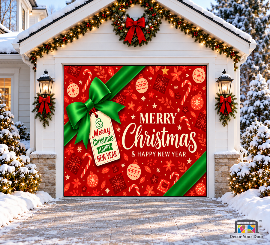 Festive Merry Christmas Gift Wrap Garage Door Cover — one-car garage front view