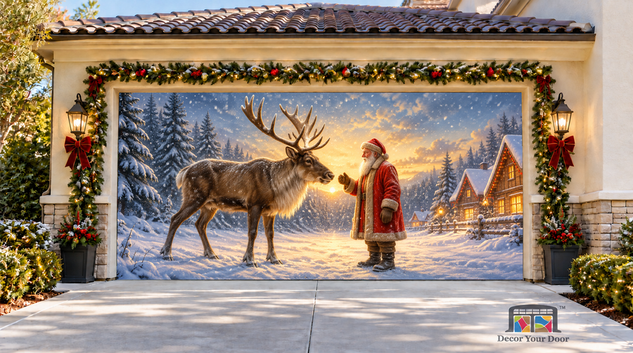 Santa’s Winter Bond Christmas Garage Door Cover — two-car garage front view