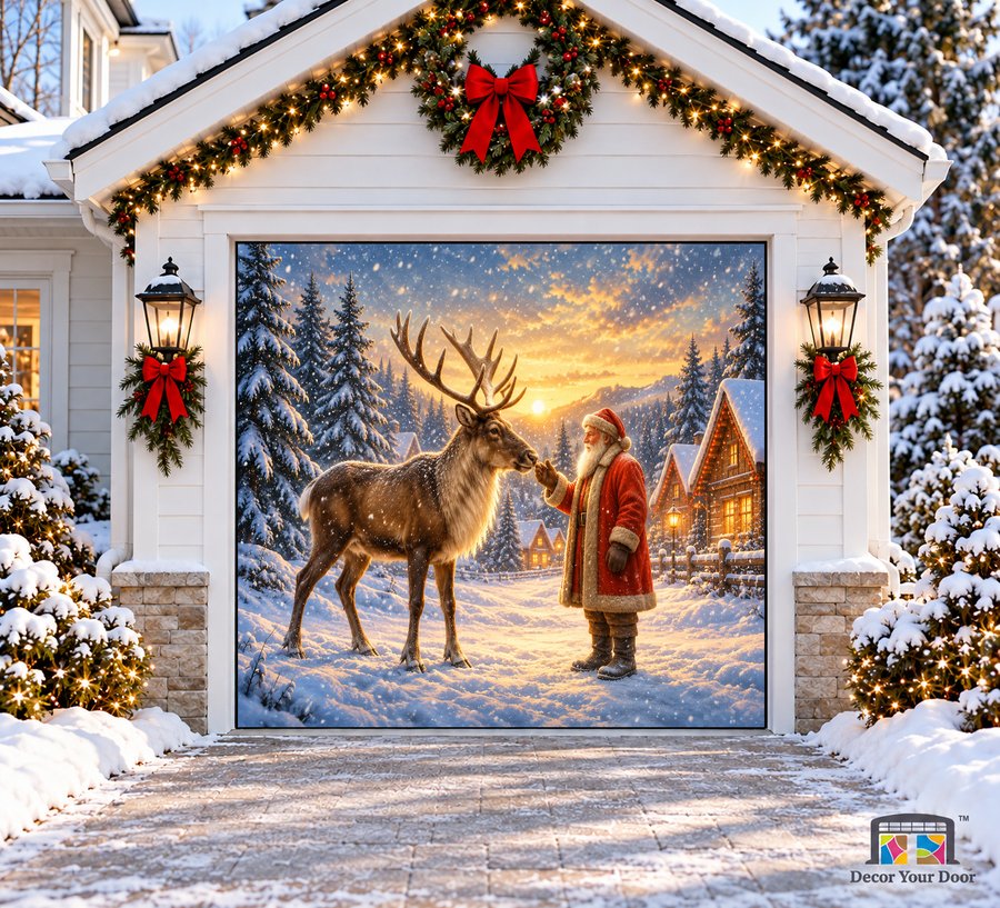 Santa’s Winter Bond Christmas Garage Door Cover — one-car garage front view