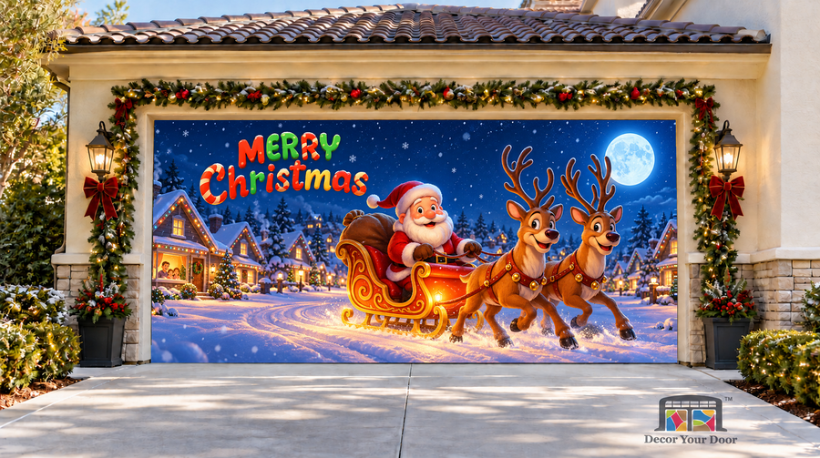 Santa’s Neighborhood Delivery Christmas Garage Door Cover — two-car front view