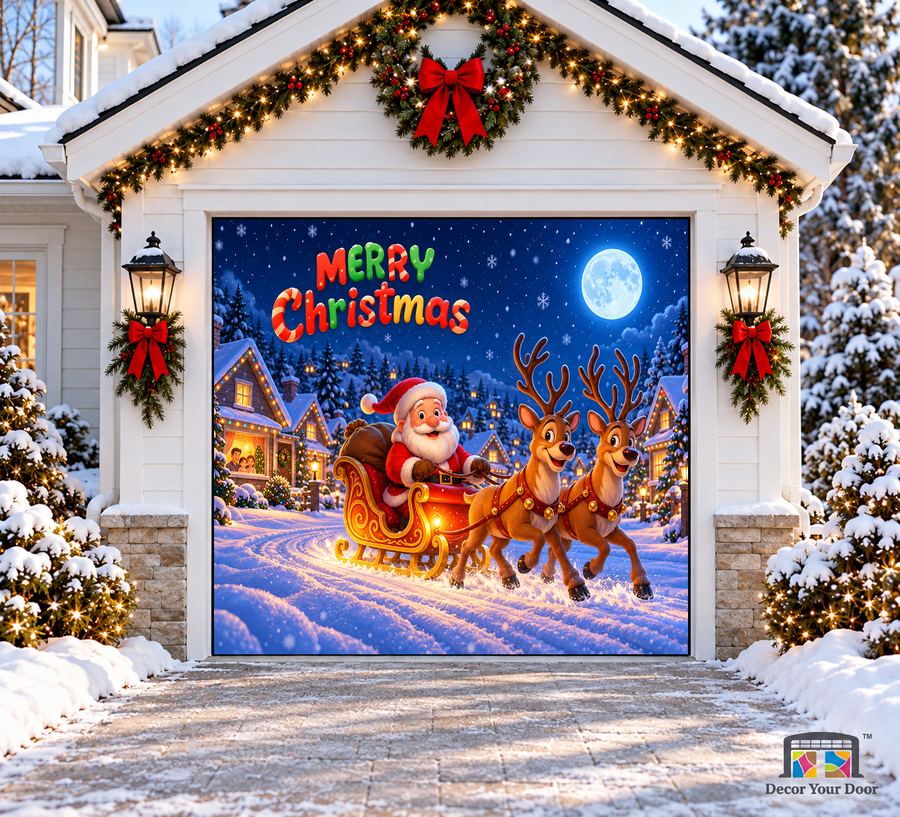 Santa’s Neighborhood Delivery Christmas Garage Door Cover — one-car front view