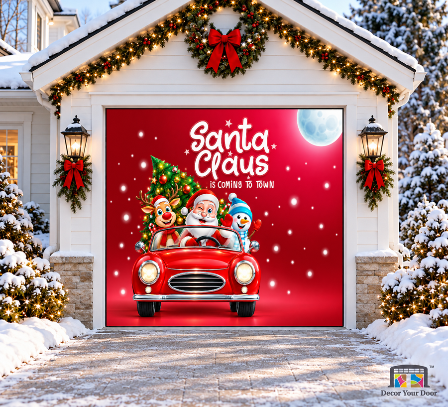 Santa’s Christmas Car Ride Garage Door Cover — one-car front view