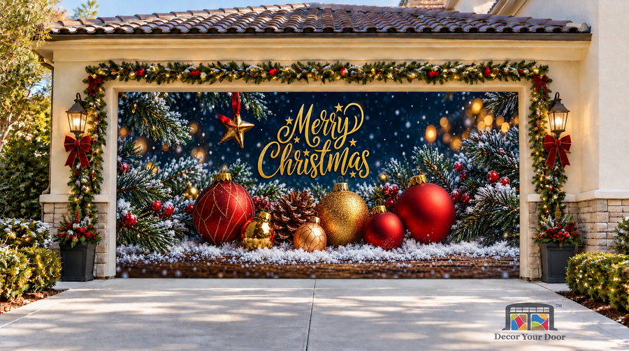 Holiday Sparkle Christmas Garage Door Cover — two-car garage front view