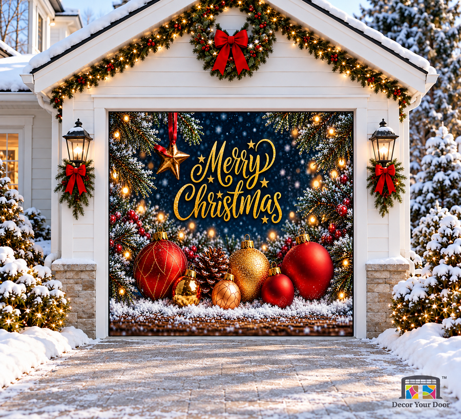 Holiday Sparkle Christmas Garage Door Cover — one-car garage front view