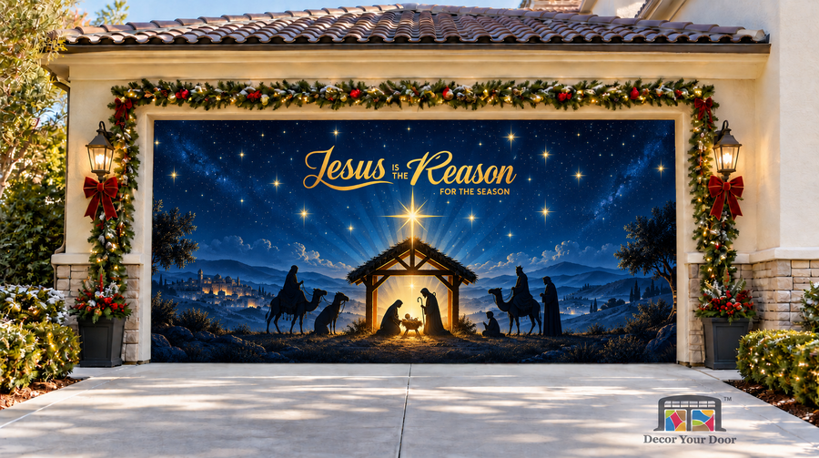Divine Nativity Night Christmas Garage Door Cover — two-car garage front view